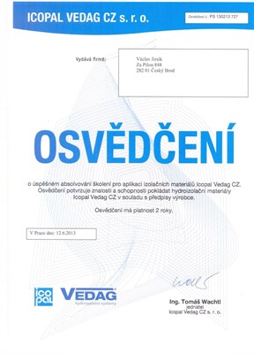 Osvědčení Icopal Vedag – aplikace izolačních materiálů