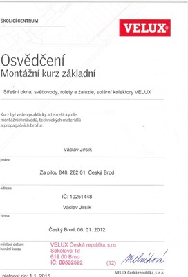 Osvědčení VELUX – montážní kurz základní